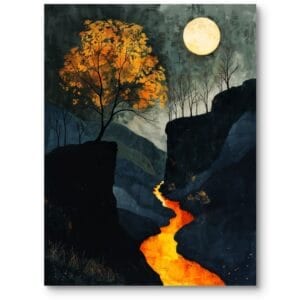 Obraz do salonu vintage krajobraz z rzeką i księżycem surrealizm pomarańczowo-czarny