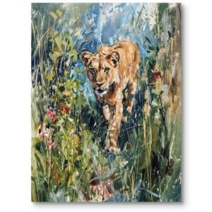 Obraz do salonu vintage lew w dzikiej przyrodzie impresjonizm zielono-niebieski
