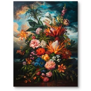 Obraz do salonu vintage natura kwiaty realistyczny pomarańczowo-zielony