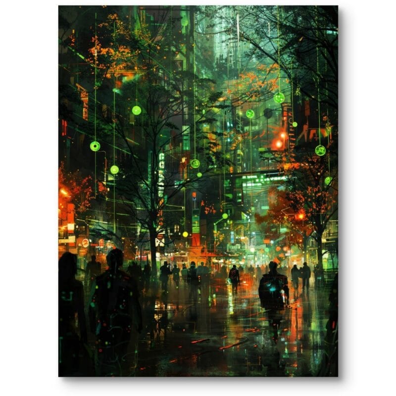 Obraz do salonu w stylu cyberpunk futurystyczne miasto nocą pomarańczowo-zielony