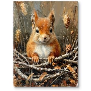 Obraz do salonu w stylu skandynawskim wiewiórka na jesiennej gałęzi realistyczny brązowo-pomarańczowy