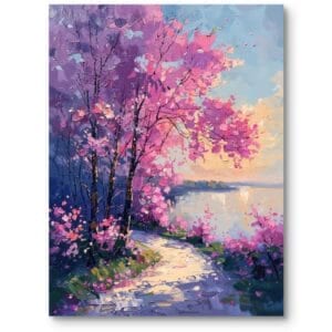 Obraz do salonu wiosenny krajobraz z kwitnącymi drzewami skandynawski rustykalny różowo-fioletowy