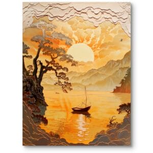 Obraz do salonu zachód słońca nad jeziorem krajobrazy realistyczny pomarańczowo-żółty
