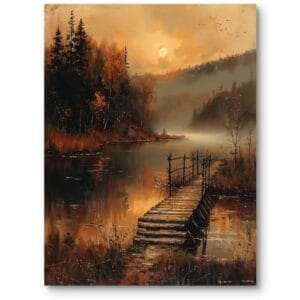 Obraz do salonu zachód słońca nad jeziorem z mostkiem klasyczny rustykalny pomarańczowo-brązowy