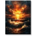Obraz do salonu zachód słońca nad wzburzonym morzem impresjonizm pomarańczowo-granatowy Obraz do salonu zachód słońca nad wzburzonym morzem impresjonizm pomarańczowo-granatowy