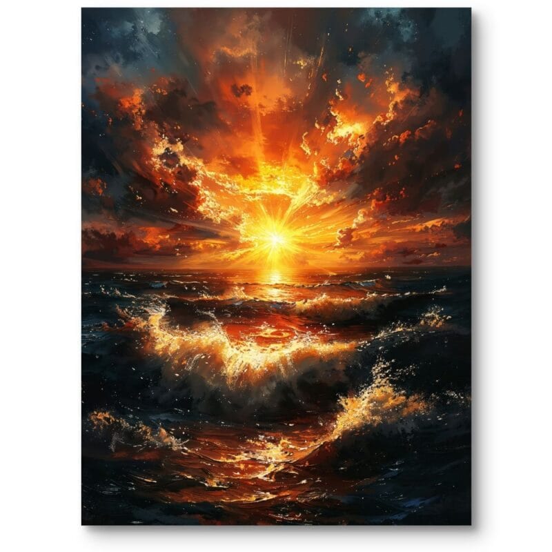 Obraz do salonu zachód słońca nad wzburzonym morzem impresjonizm pomarańczowo-granatowy Obraz do salonu zachód słońca nad wzburzonym morzem impresjonizm pomarańczowo-granatowy