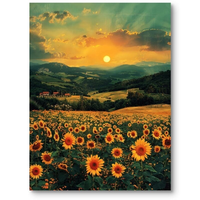 Obraz do salonu zachód słońca pola słoneczników realizm żółto-pomarańczowy