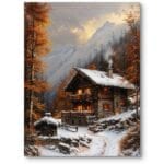 Obraz do salonu zimowy domek w górach rustykalny pomarańczowo-biały Obraz do salonu zimowy domek w górach rustykalny pomarańczowo-biały