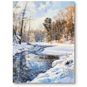 Obraz do salonu zimowy krajobraz z rzeką w stylu realistycznym biało-niebieski