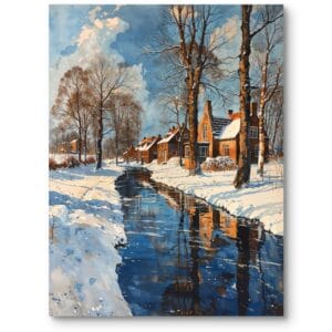 Obraz do salonu zimowy pejzaż wiejski nad rzeką klasyczny biało-niebieski
