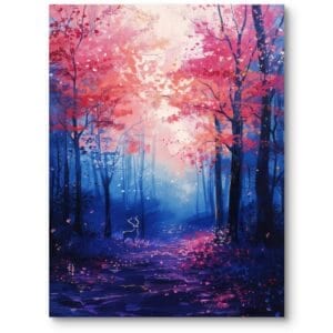 Obraz do skandynawskiego salonu natura jesienny las z jeleniem różowo-niebieski