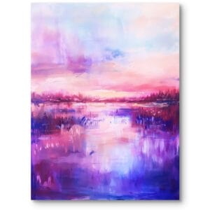 Obraz do spokojnego salonu nowoczesny pejzaż zachód słońca nad jeziorem częściowo abstrakcyjny fioletowo-różowy