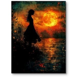 Obraz do sypialni boho zachód słońca z kobietą impresjonizm pomarańczowo-żółty