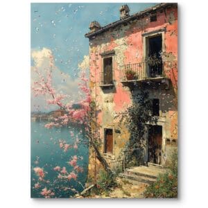 Obraz do sypialni dom nad wodą krajobraz rustykalny wiosna różowo-niebieski