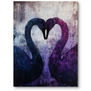 Obraz do sypialni klasyczna miłość łabędzie w kształcie serca fioletowo-niebieski