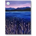 Obraz do sypialni krajobraz jezioro góry księżyc impresjonizm niebiesko-fioletowy