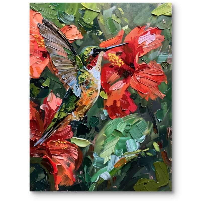 Obraz do sypialni kwiaty hibiskusa koliber realistyczny zielono-czerwony