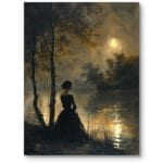Obraz do sypialni ludzi kobieta nad jeziorem w nocy realizm czarno-biało-żółty
