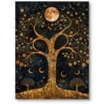 Obraz do sypialni natura drzewa nocne boho ciemno-niebiesko-złoty