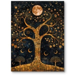 Obraz do sypialni natura drzewa nocne boho ciemno-niebiesko-złoty