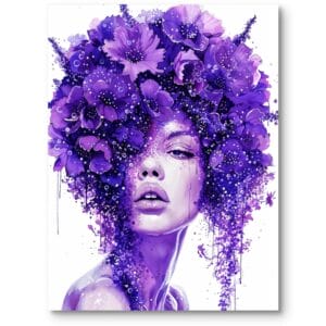 Obraz do sypialni portret kobiety z kwiatami eklektyczny akwarela fioletowo-biały