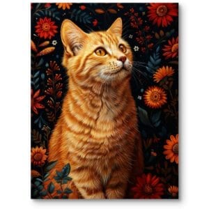 Obraz do sypialni zwierzęta kot kwiaty realistyczny pomarańczowy szary
