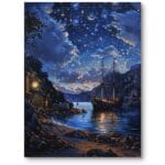 Obraz do szarego salonu nocny pejzaż z cumującym statkiem realistyczny granatowy