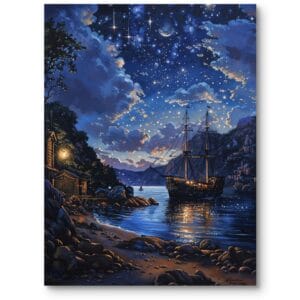 Obraz do szarego salonu nocny pejzaż z cumującym statkiem realistyczny granatowy
