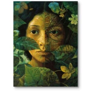 Obraz kobiety wśród liści do salonu nowoczesny zielono-brązowy