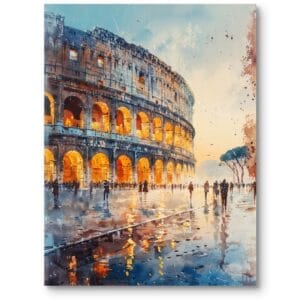 Obraz Koloseum w Rzymie do salonu nowoczesny pomarańczowo-niebieski