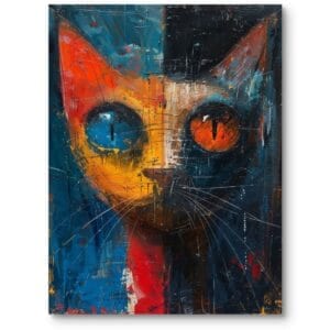 Obraz kot abstrakcyjny olej do nowoczesnego salonu mroczny niebiesko-pomarańczowy