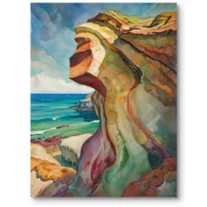 Obraz krajobrazowy do salonu minimalistyczny majestatyczny klif nad lazurowym morzem niebiesko-brązowy