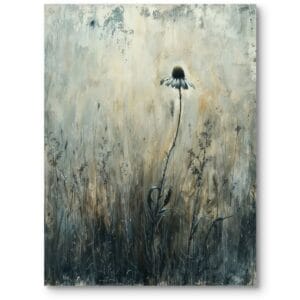 Obraz malarstwo do salonu boho lub rustykalny kwiat na łące szaro-żółty