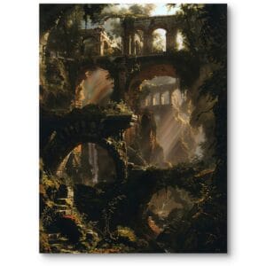 Obraz malarstwo do salonu rustykalny fantastyka zrujnowane budowle zielono-brązowy