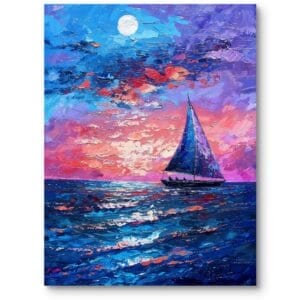 Obraz na płótnie do biura i salonu krajobraz morski żaglówka impresjonizm niebiesko-różowy