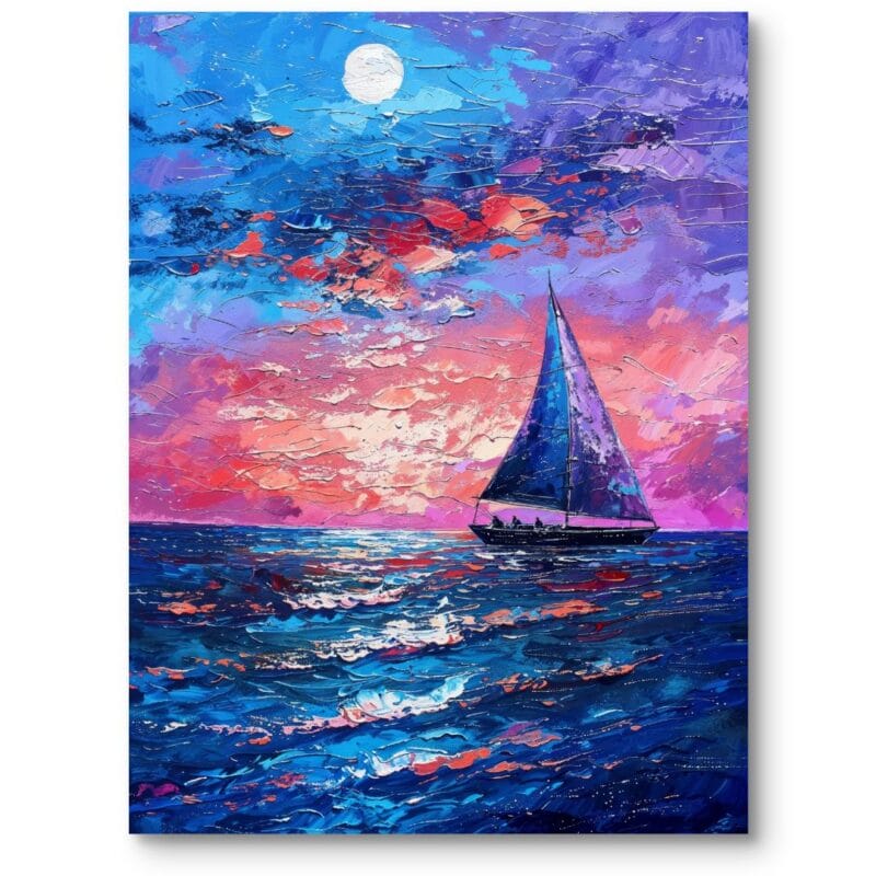 Obraz na płótnie do biura i salonu krajobraz morski żaglówka impresjonizm niebiesko-różowy Obraz na płótnie do biura i salonu krajobraz morski żaglówka impresjonizm niebiesko-różowy