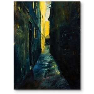 Obraz na płótnie do industrialnego salonu miasta uliczka w impresjonistycznym stylu ciemnoniebiesko-żółty