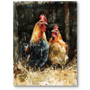 Obraz na płótnie do kuchni i salonu kury na farmie rustykalny styl brązowo-czarny