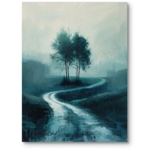 Obraz na płótnie do nowoczesnego salonu krajobraz zimowy z drogą drzewa impresjonizm niebiesko-zielony