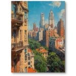 Obraz na płótnie do nowoczesnego salonu krajobrazy, pejzaże i widoki miasta i miasteczka Nowy Jork impresjonizm zielono-niebieski