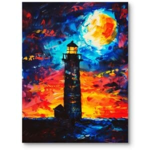 Obraz na płótnie do nowoczesnego salonu morze latarnia morska impresjonizm niebiesko-czerwony