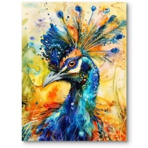 Obraz na płótnie do nowoczesnego salonu paw energetyczny niebiesko-pomarańczowy
