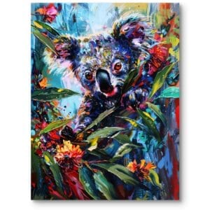 Obraz na płótnie do pokoju dziecięcego zwierzęta kolorowy koala wśród kwiatów abstrakcyjny niebiesko-zielony