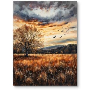 Obraz na płótnie do rustykalnego salonu jesienny krajobraz z drzewem w ciepłej kolorystyce