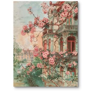 Obraz na płótnie do salonu architektura budynek wiosna romantyczny styl zielono-różowy