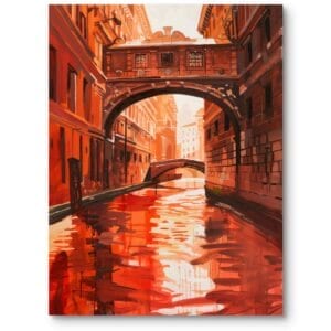 Obraz na płótnie do salonu architektura most nad kanałem impresjonistyczny czerwono-pomarańczowy