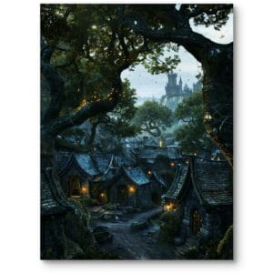 Obraz na płótnie do salonu eklektycznego lub boho fantastyka zamek zielono-brązowy