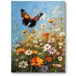 Obraz na płótnie do salonu eklektyczny motyl na kwiecistej łące impresjonizm niebiesko-pomarańczowy