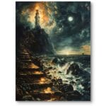 Obraz na płótnie do salonu industrialnego latarnia morska krajobraz noc realistyczny ciemno-niebiesko-pomarańczowy Obraz na płótnie do salonu industrialnego latarnia morska krajobraz noc realistyczny ciemno-niebiesko-pomarańczowy