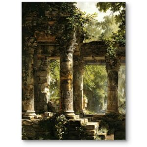 Obraz na płótnie do salonu klasycznego architektura ruiny walka natury z cywilizacją zielono-brązowy